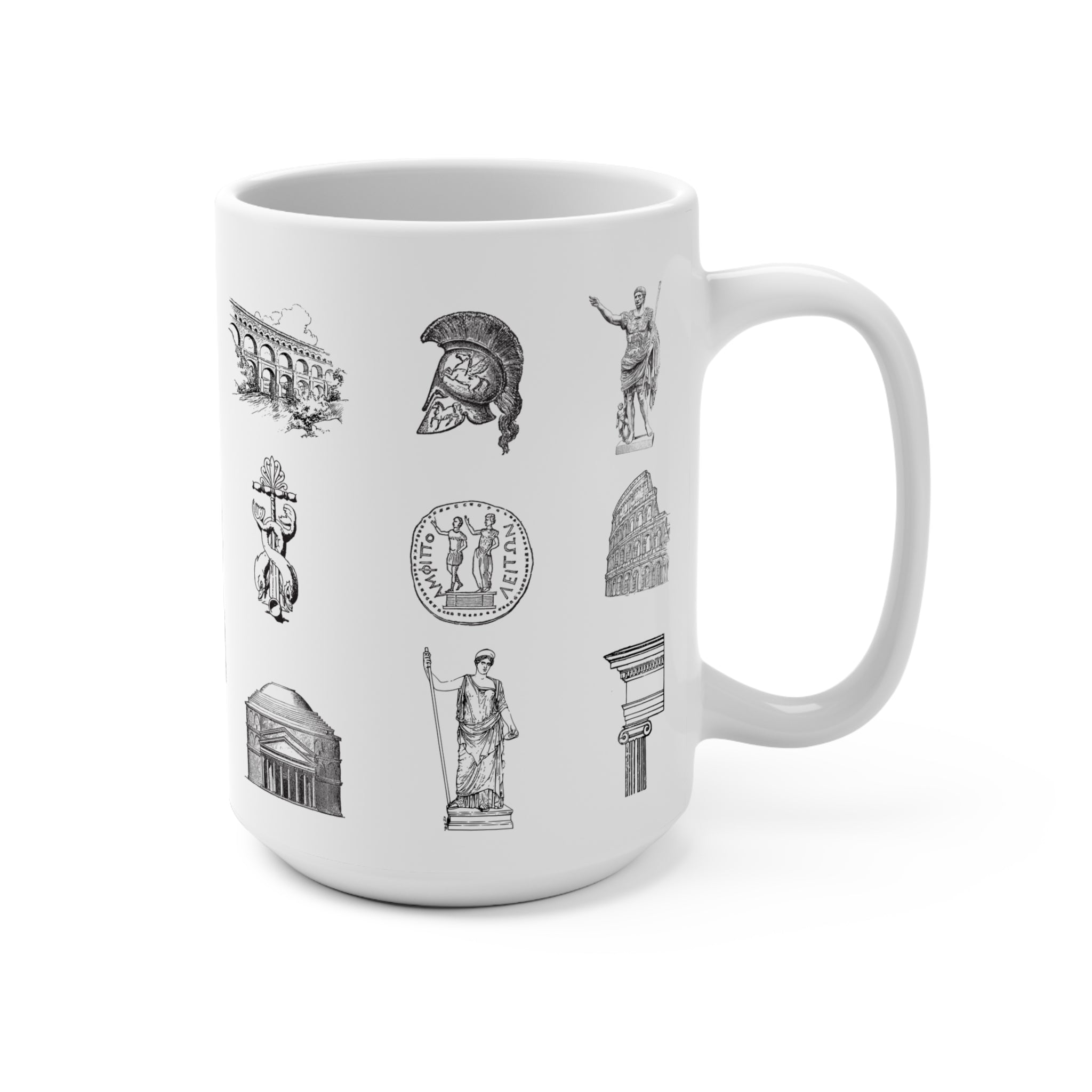 Ancient Rome Icons 15oz Coffee Mug — Classical Architecture & Roman Statue Collage