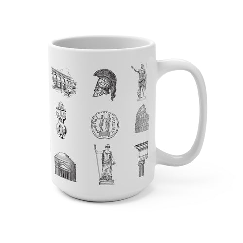 Ancient Rome Icons 15oz Coffee Mug — Classical Architecture & Roman Statue Collage