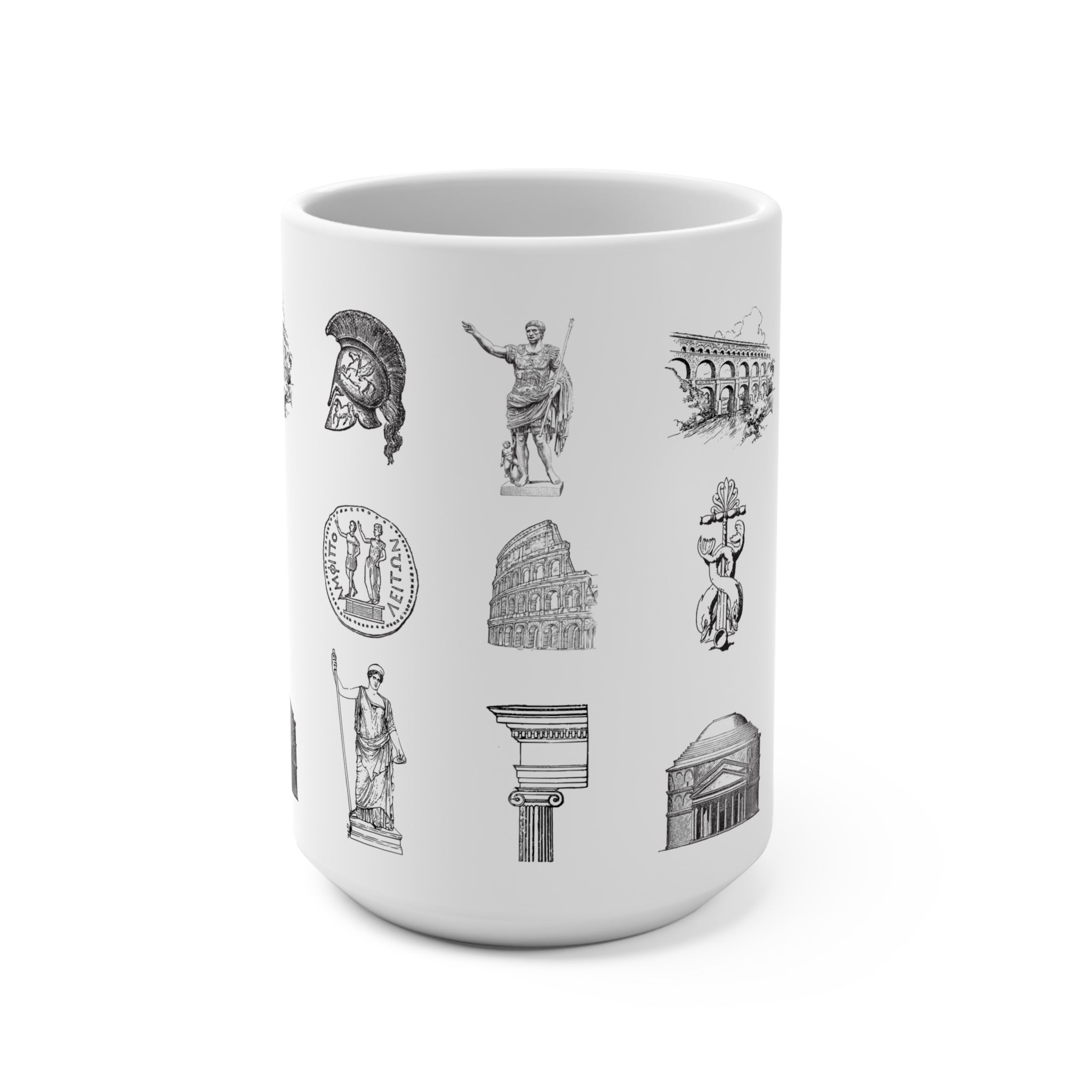Ancient Rome Icons 15oz Coffee Mug — Classical Architecture & Roman Statue Collage